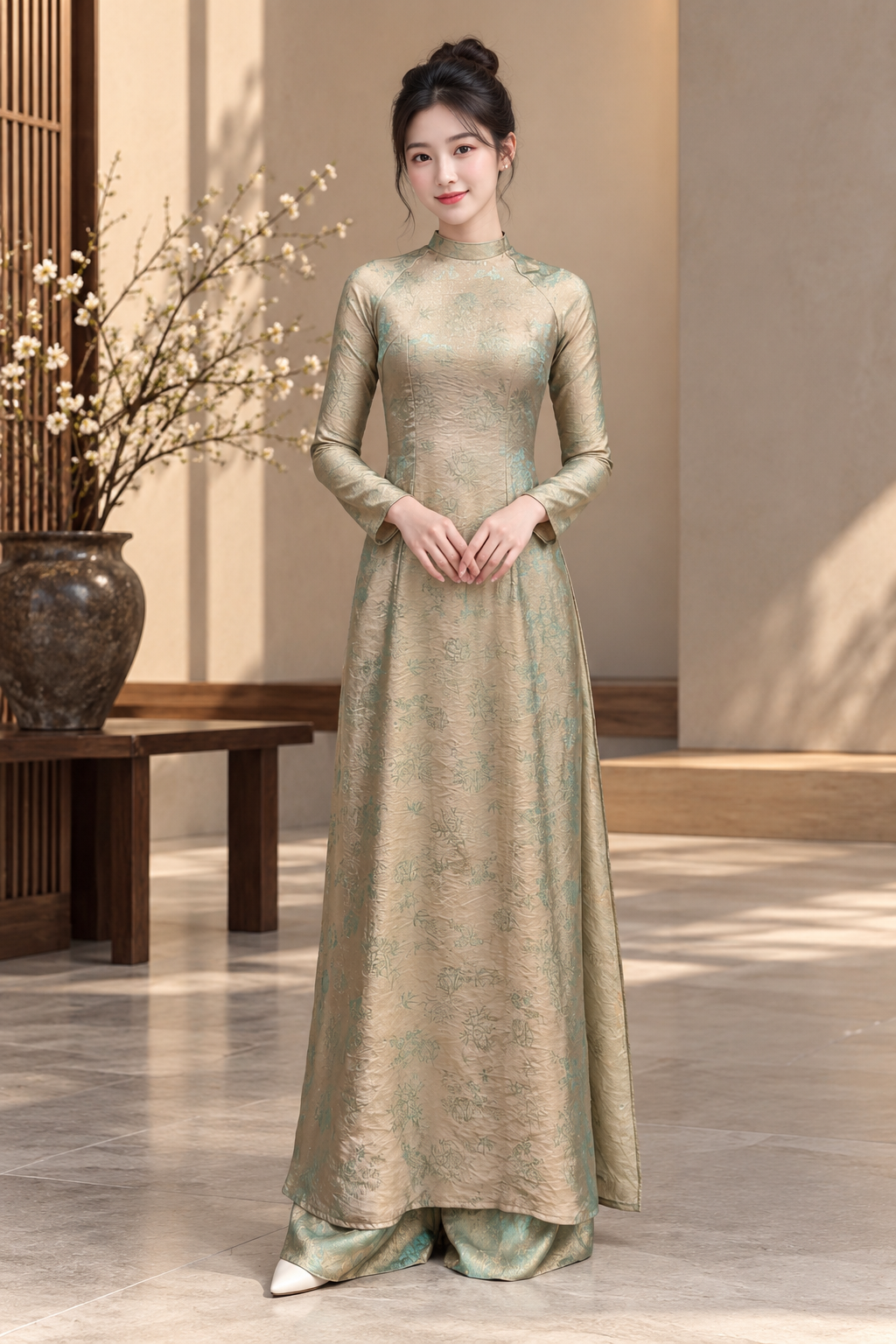 A41 - Set Áo Dài Tơ Song Kim Light Turquoise/Pink | Kèm quần