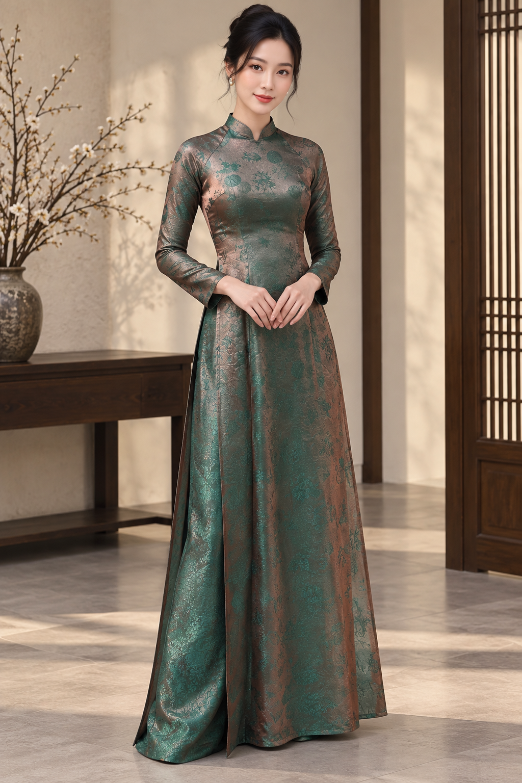 A49 - Set Áo Dài Tơ Song Kim Green/Pink | Kèm quần