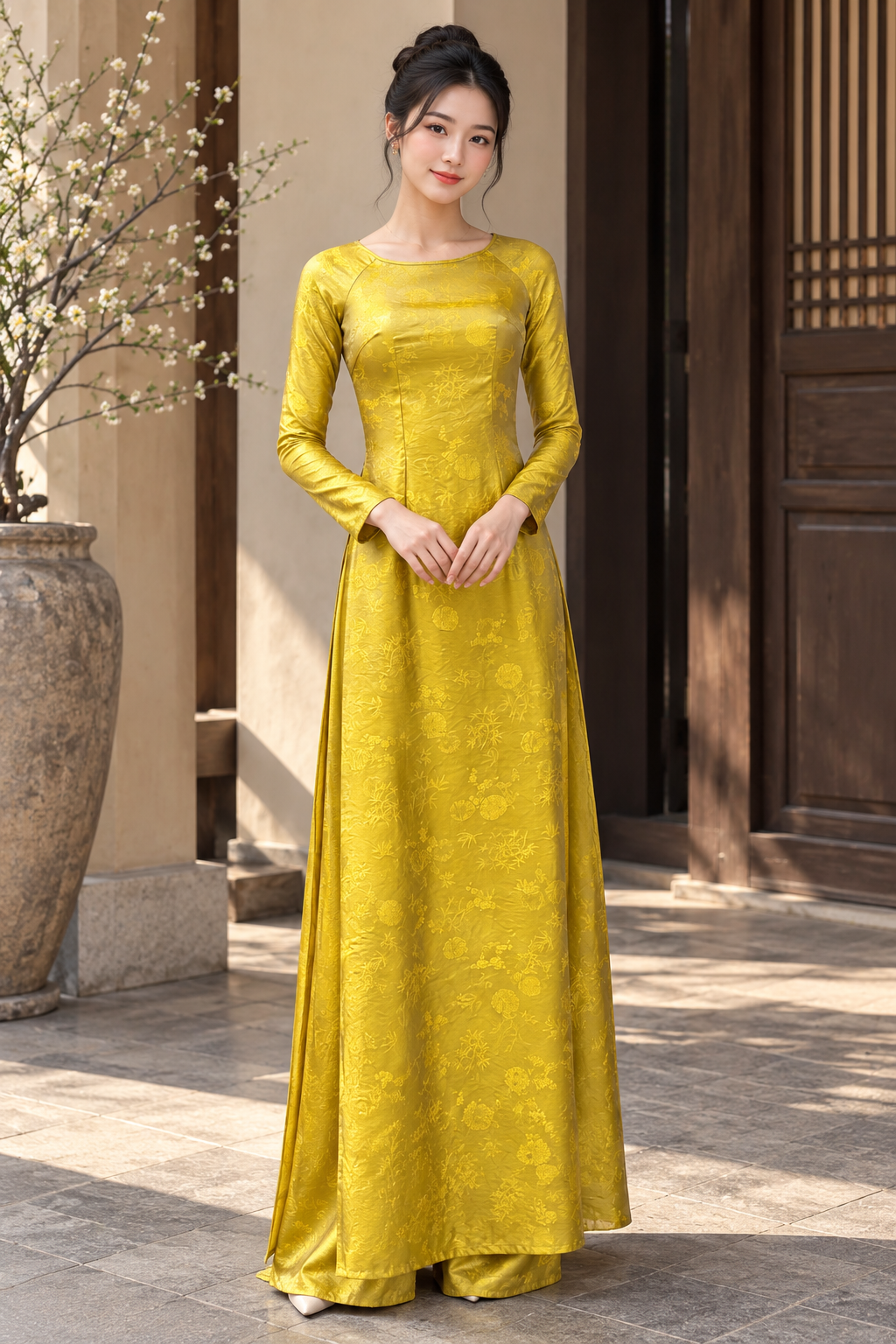 A58 - Set Áo Dài Tơ Song Kim Gold/Blue | Kèm quần