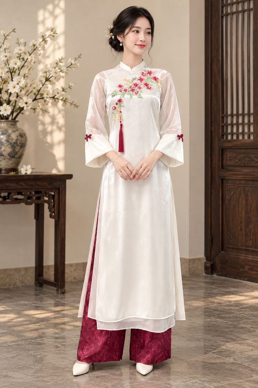 A19 - Set Áo Dài Cách Tân Organza Trắng/Đỏ | Kèm Quần