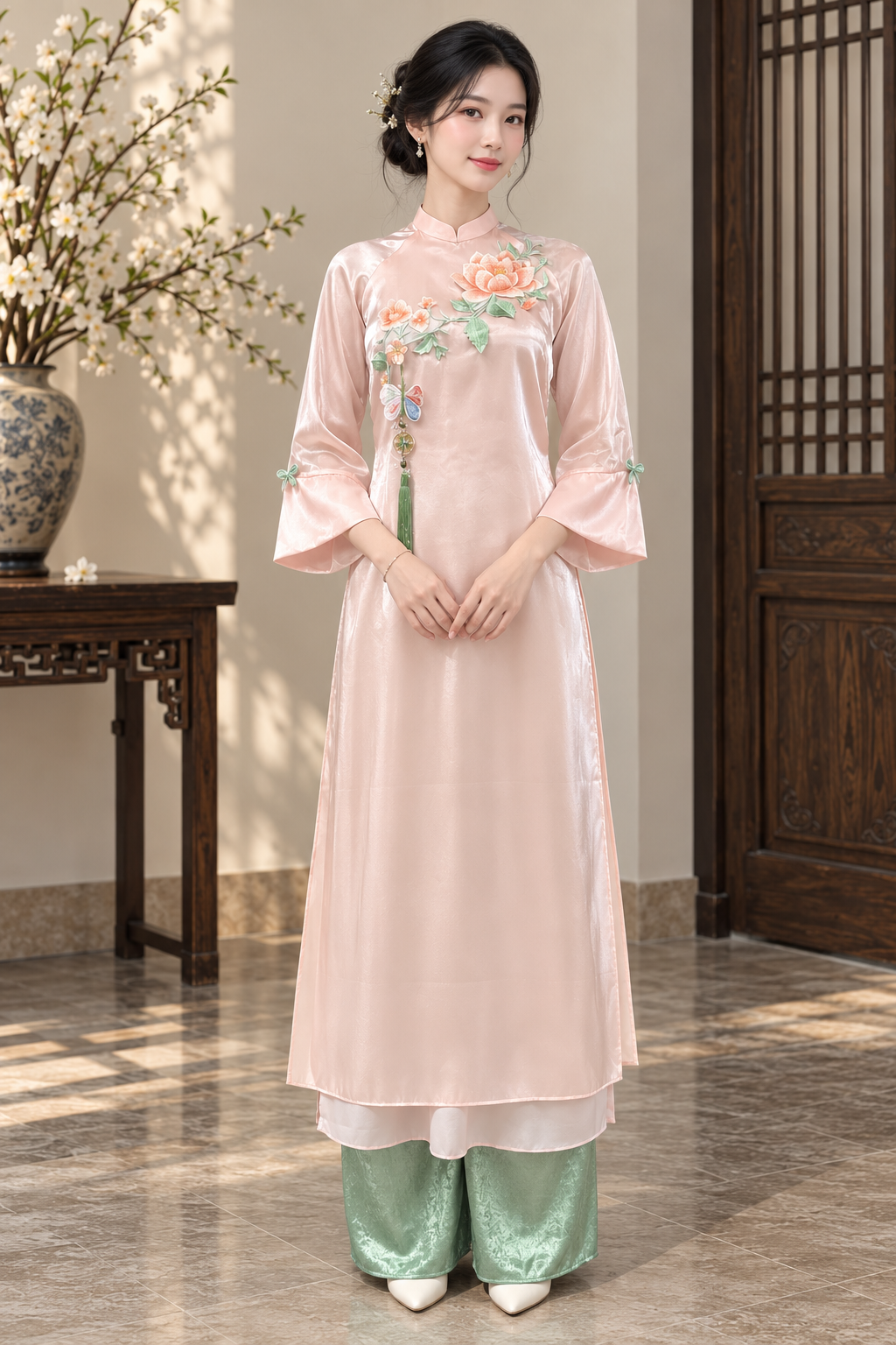 A26 - Set Áo Dài Cách Tân Tơ Organza Cam Đào | Kèm Quần