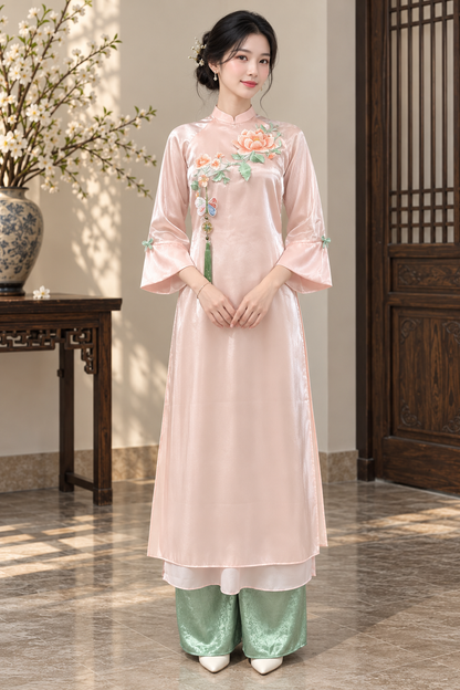 A26 - Set Áo Dài Cách Tân Tơ Organza Cam Đào | Kèm Quần