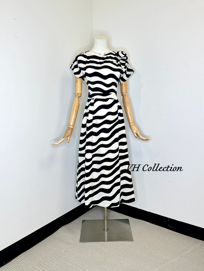 D84 - Black and White Striped Cowl Neck Long Dress