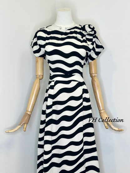 D84 - Black and White Striped Cowl Neck Long Dress