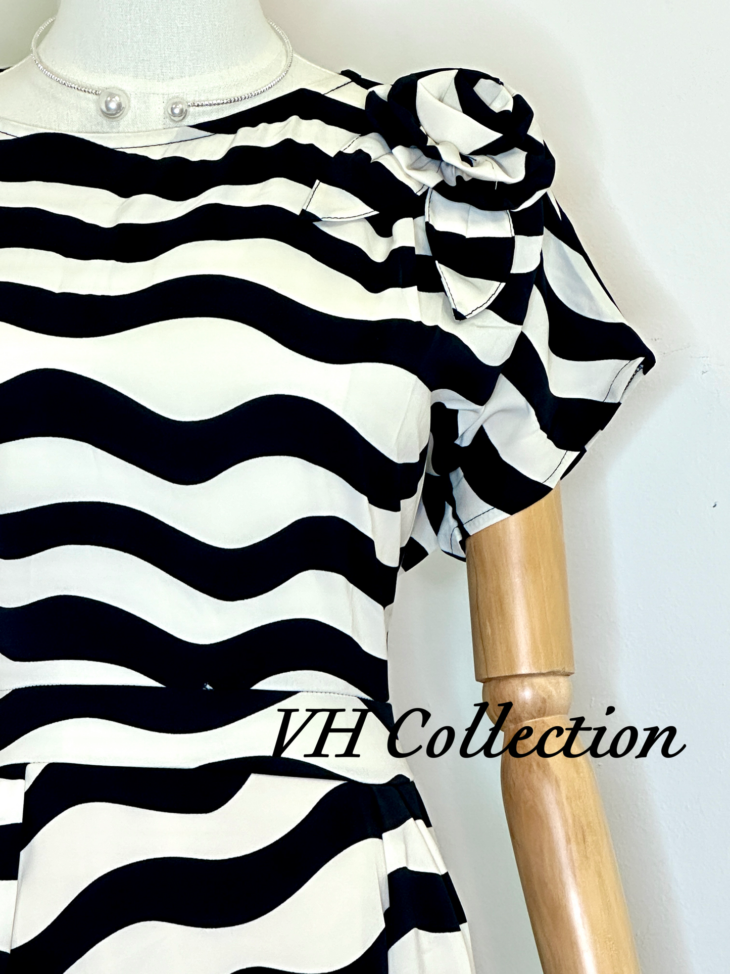 D84 - Black and White Striped Cowl Neck Long Dress