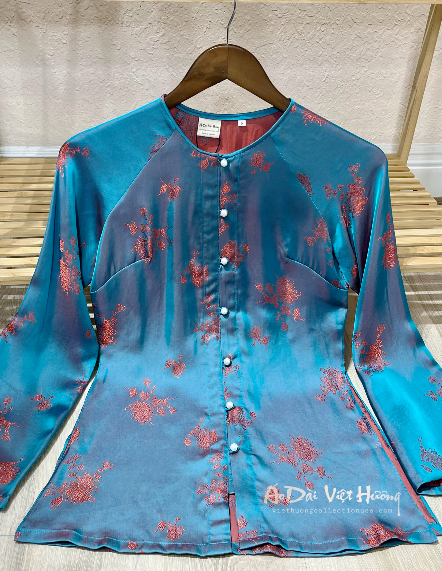 B2 - Áo Bà Ba Gấm Lụa Thiên Cúc Blue Teal