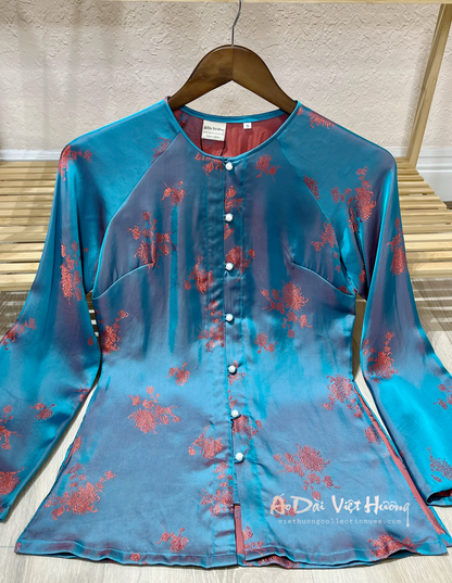 B2 - Áo Bà Ba Gấm Lụa Thiên Cúc Blue Teal