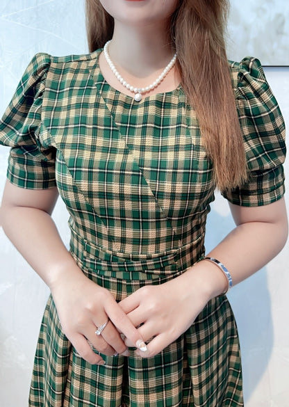 D79 - Green Checked Pattern Midi Dress