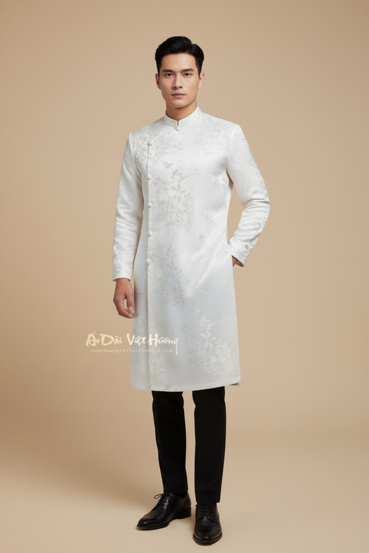 A80 - Men’s Áo Dài Gấm Trắng Kem