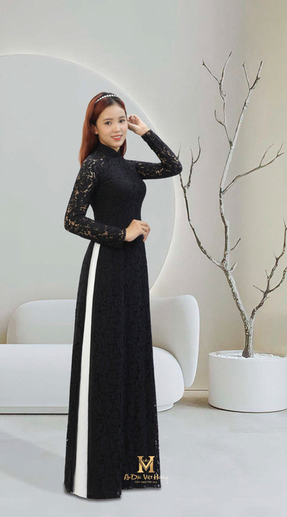 A56 - Black Lace Fabric Double Layers Áo Dài