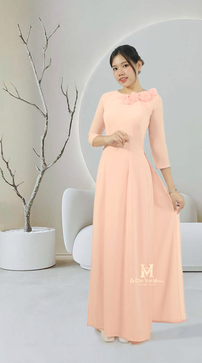 A61 - Coral Pink Double Layers Crystal Beaded Set Áo Dài (Bộ Áo Dài Chiffon Hồng Kết Hoa - Kèm Quần)