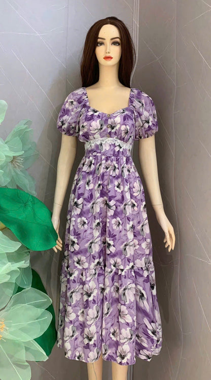 D91 - Midi Dress Ren Eo Hoa Tím