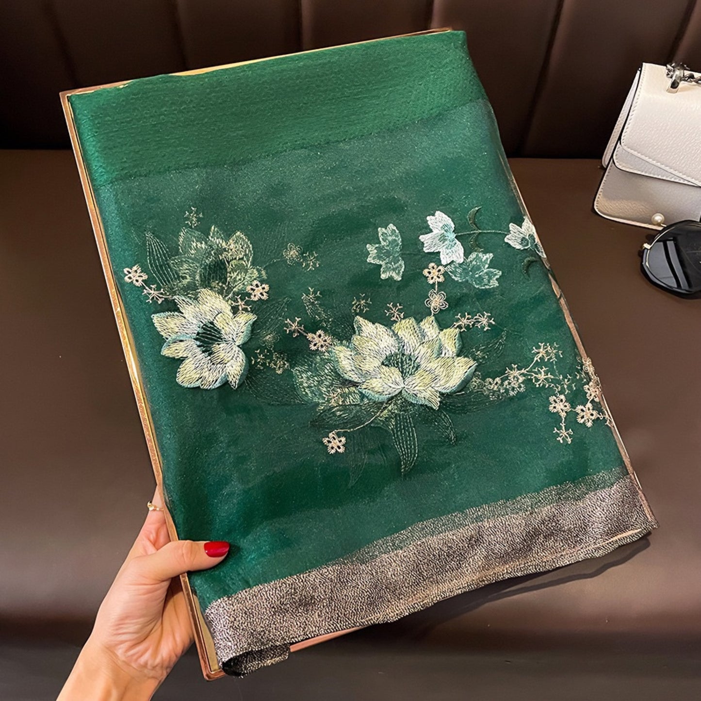 190 - Green Flower Embroidered Organza Imitation Silk Pine Green Scarf