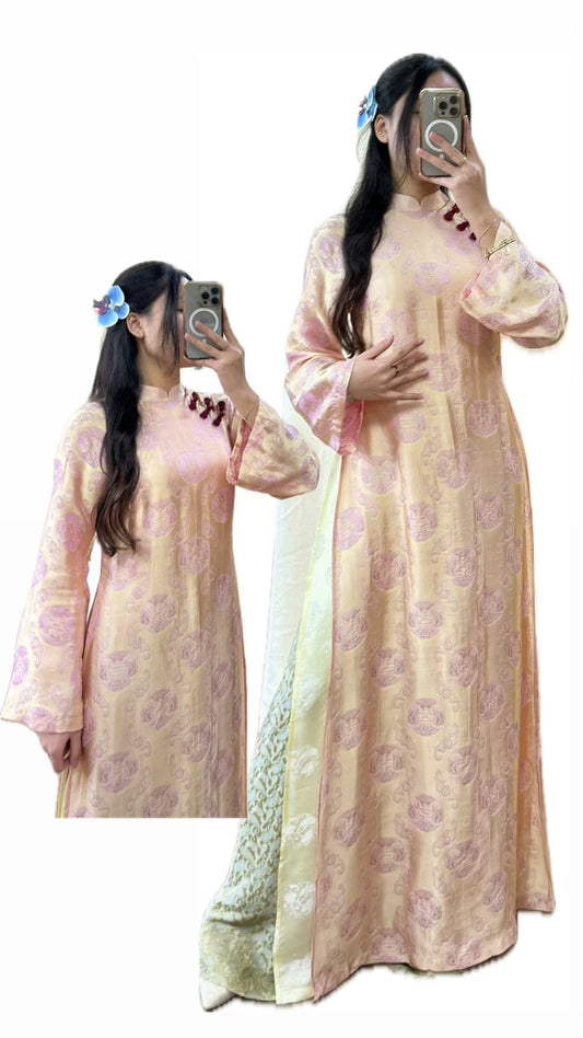 A4 - Set Áo Dài lụa Tơ Tằm Nha Xá hoạ tiết Thọ Dơi Cổ 4 Tà | Kèm Quần