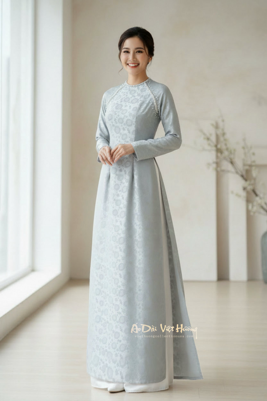 A32 - Áo Dài Lụa Ánh Kim Thái Tuấn Gray (Cổ Tròn)