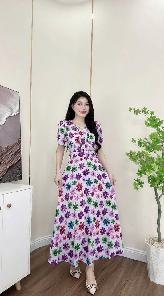 D24 - Maxi Dress Purple Flowers Diamond Neck