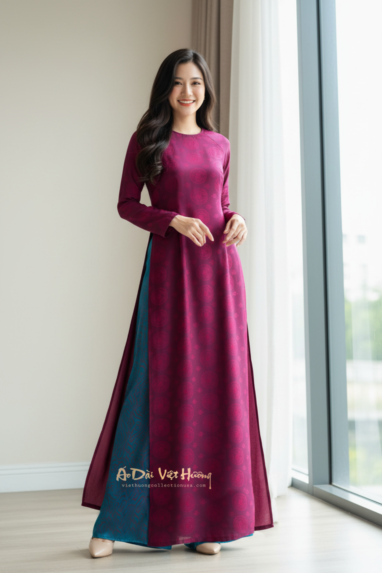 A66 - Set Áo Dài Suông Gấm Tằm Phúc An (kèm quần xanh)