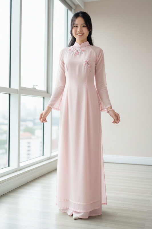 A39 - Set Áo Dài Cách Tân Tơ Thêu Hồng Nhạt (Kèm quần)