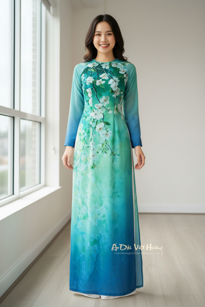 A26 - Áo Dài Chiffon 4 Tà Hoa Xanh Ngọc