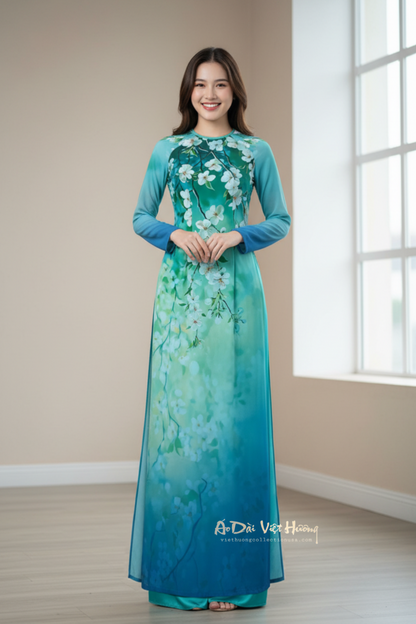A26 - Áo Dài Chiffon 4 Tà Hoa Xanh Ngọc