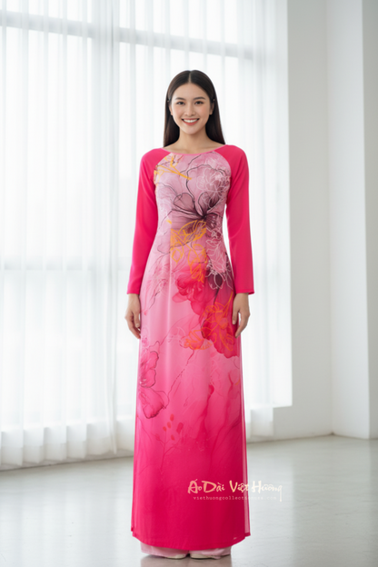 A28 - Áo Dài Chiffon 4 Tà Hồng đậm