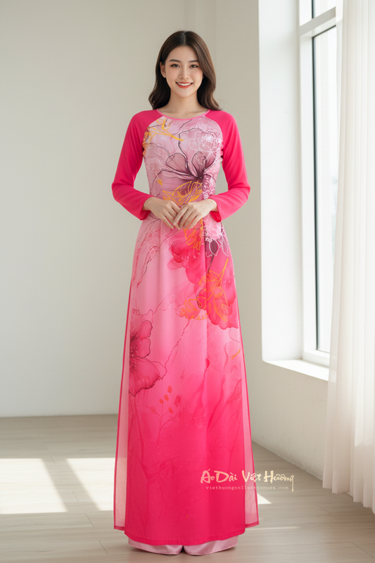 A28 - Áo Dài Chiffon 4 Tà Hồng đậm