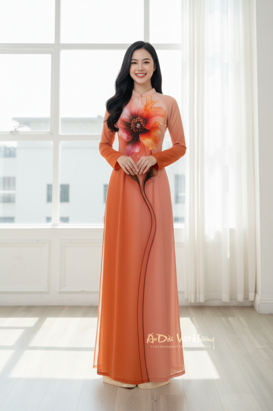 A24 - Áo Dài Chiffon 4 Tà Nâu Cam