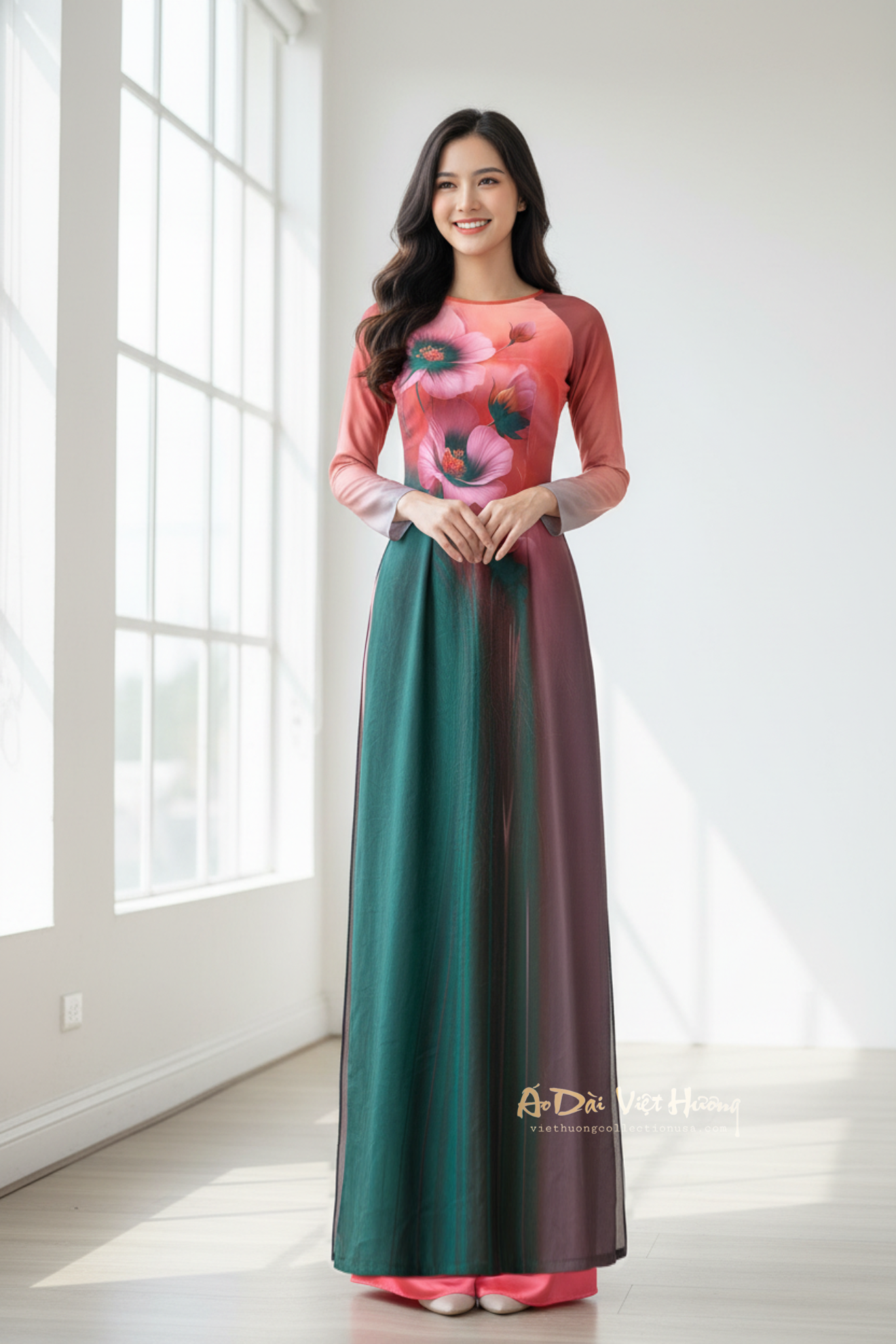 A17 - Áo Dài Lụa Tiêu Giao Xanh/Hồng