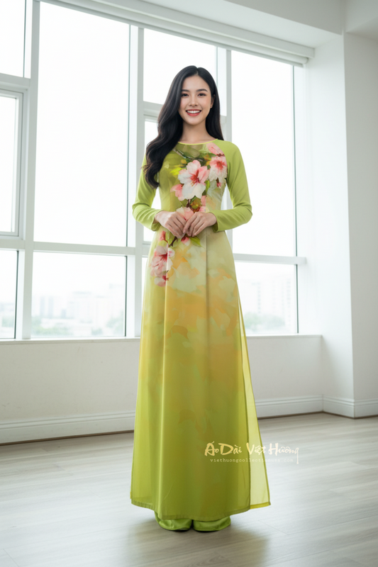 A23 - Áo Dài Chiffon In Xanh Cốm