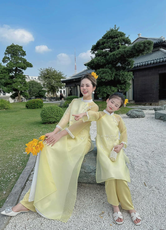 276 - Girl Set Áo Dài Bright Lemon Yellow (kèm quần) - Mom & Girl matching