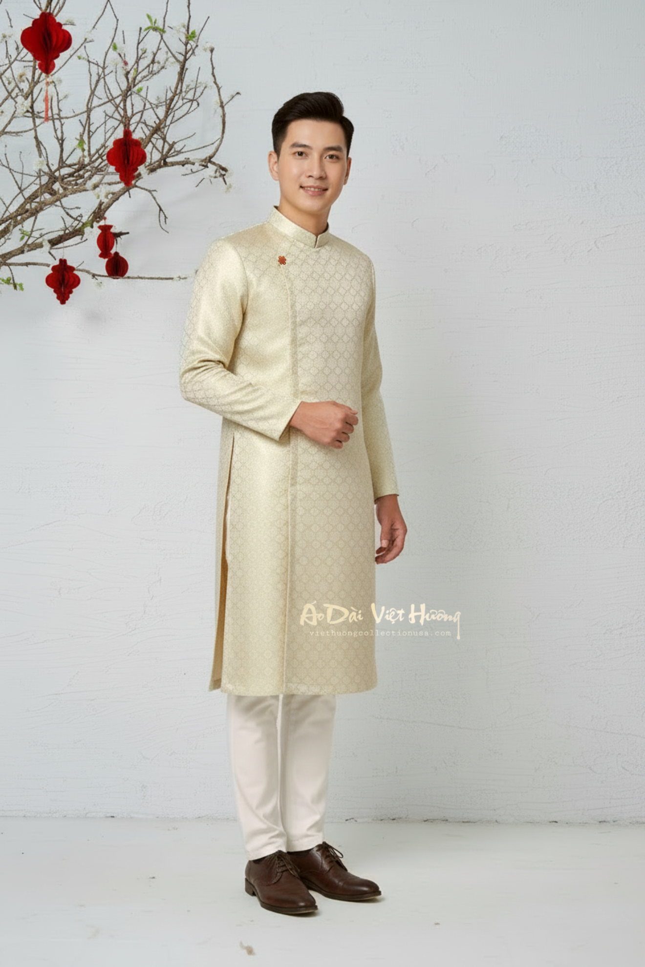 D1 - Men’s Áo Dài Gấm Dệt Kem ánh Gold