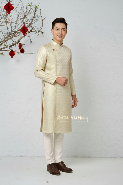 D1 - Men’s Áo Dài Gấm Dệt Kem ánh Gold
