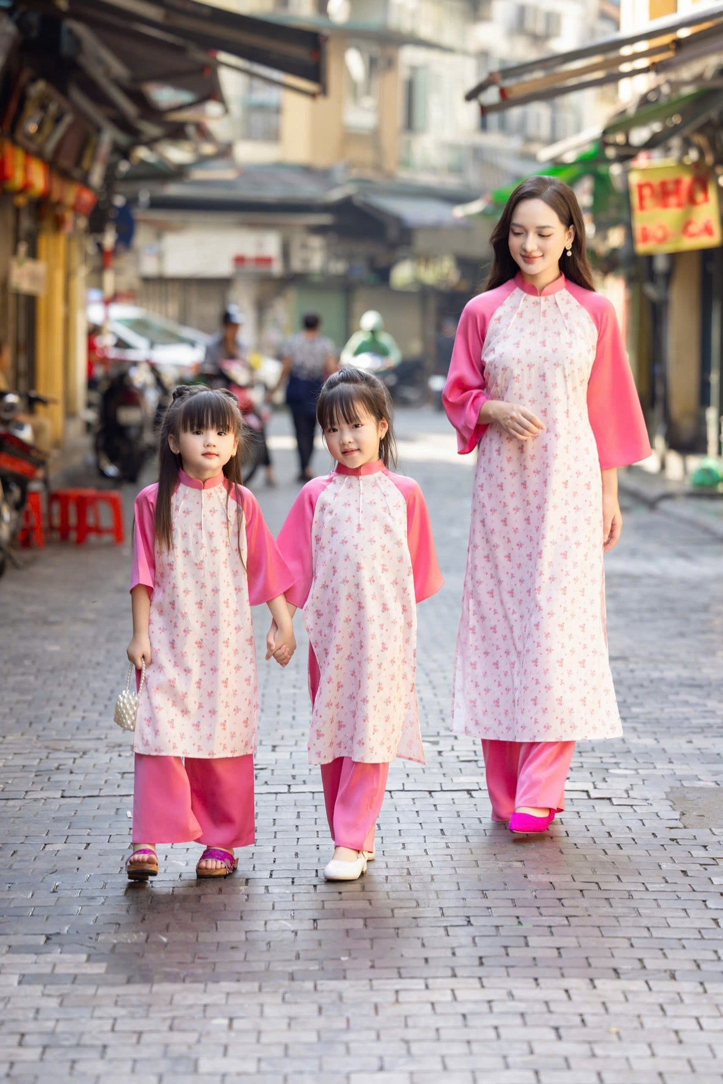 F3 - Pink Little Flowers Women’s Set Áo Dài (Mom & Girl)