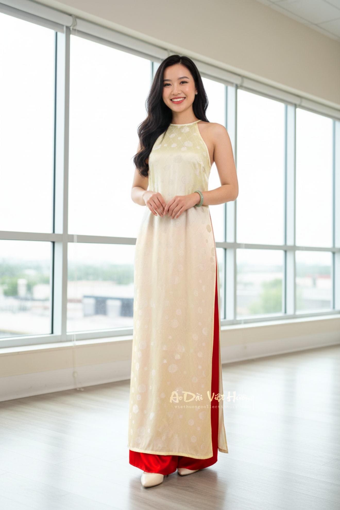 A05 - Áo Dài Yếm Tơ Tằm Nha Xá Hoa Trà Vàng Mỡ Gà