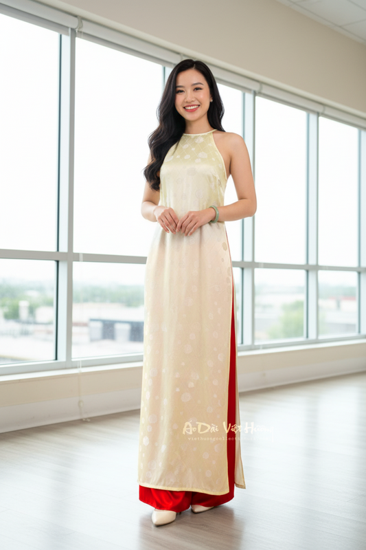 A05 - Áo Dài Yếm Tơ Tằm Nha Xá Hoa Trà Vàng Mỡ Gà