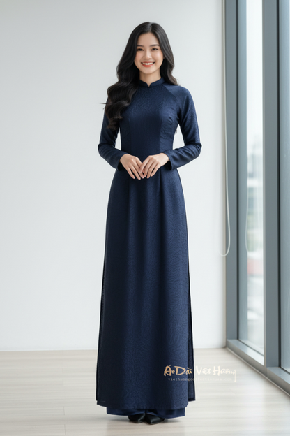 A9 - Set Áo Dài Lụa Tiêu Giao Navy Blue (kèm quần Tiêu Giao)