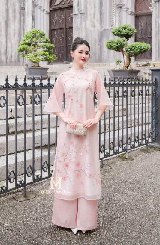 A08 - Set Áo Dài Cách Tân Tơ Organza Light Pink - kèm quần