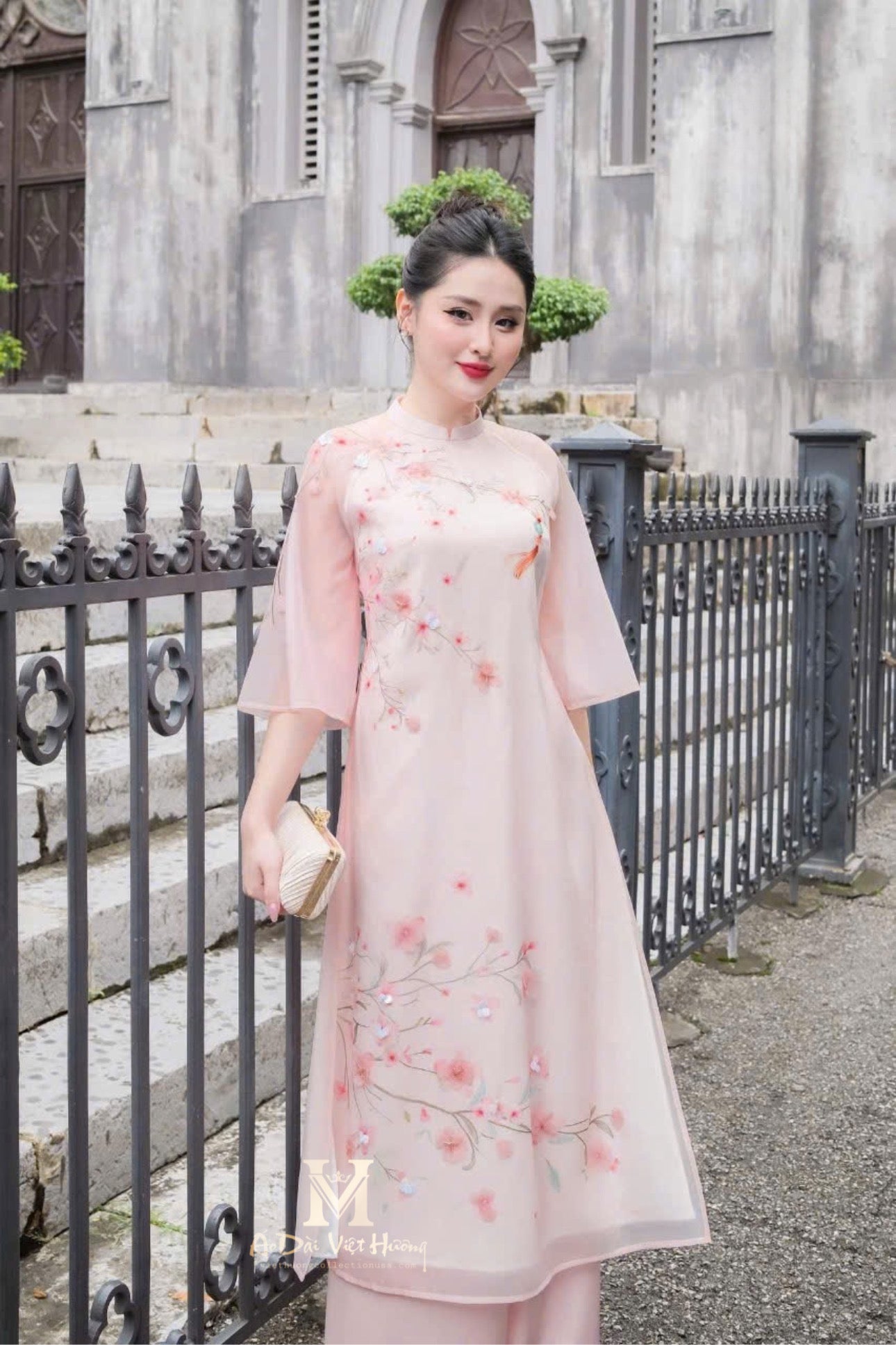 A08 - Set Áo Dài Cách Tân Tơ Organza Light Pink - kèm quần