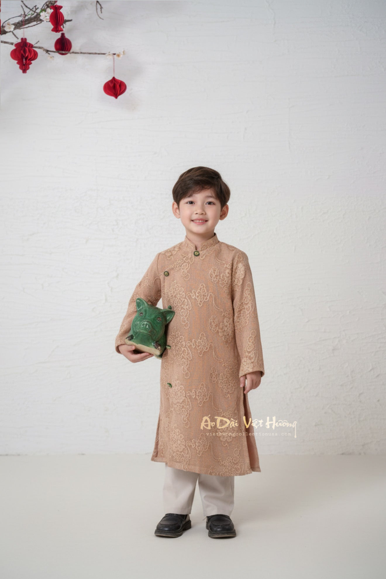 D6 - Boy’s Áo Dài Tơ Mành Vân Mây Nâu