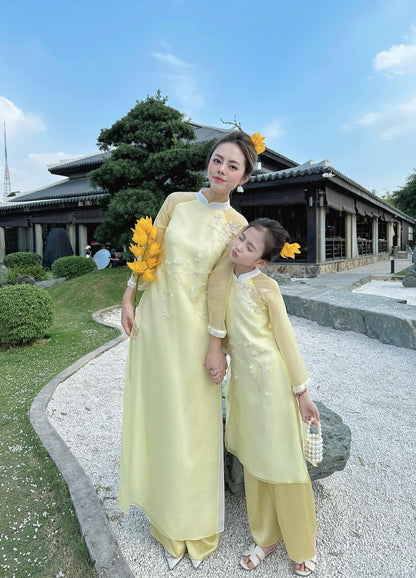 276 - Girl Set Áo Dài Bright Lemon Yellow (kèm quần) - Mom & Girl matching