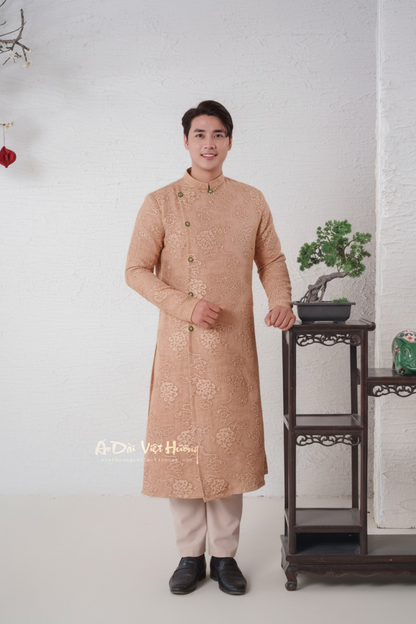 D5 - Men’s Áo Dài Tơ Mành Vân Mây Nâu