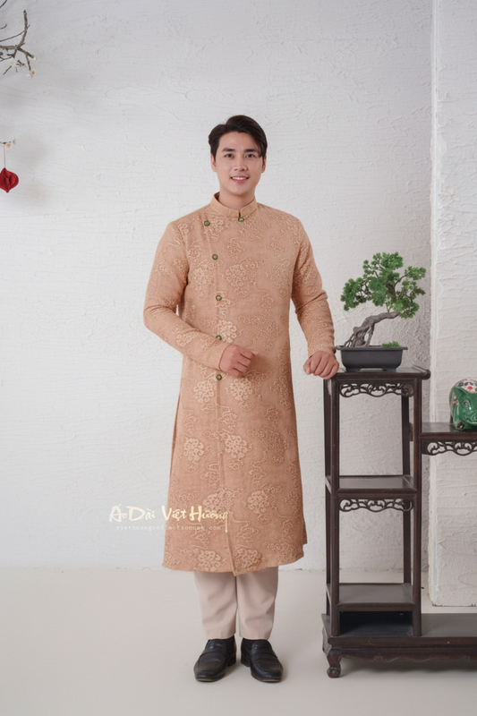 D5 - Men’s Áo Dài Tơ Mành Vân Mây Nâu