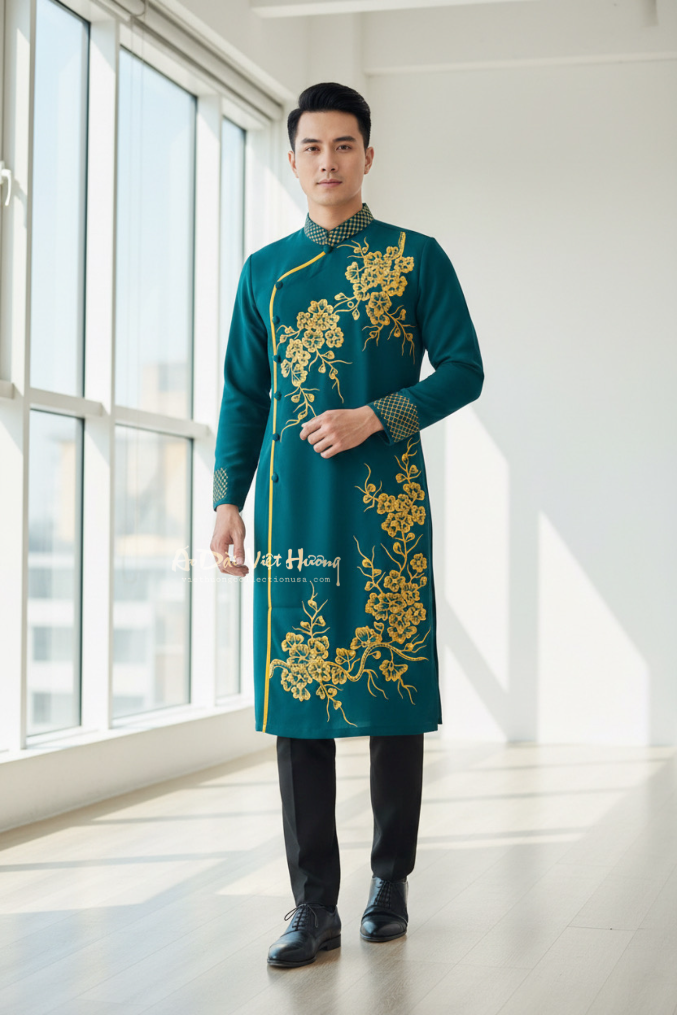 A86 - Men’s Áo Dài Vẽ Tay Blue Teal