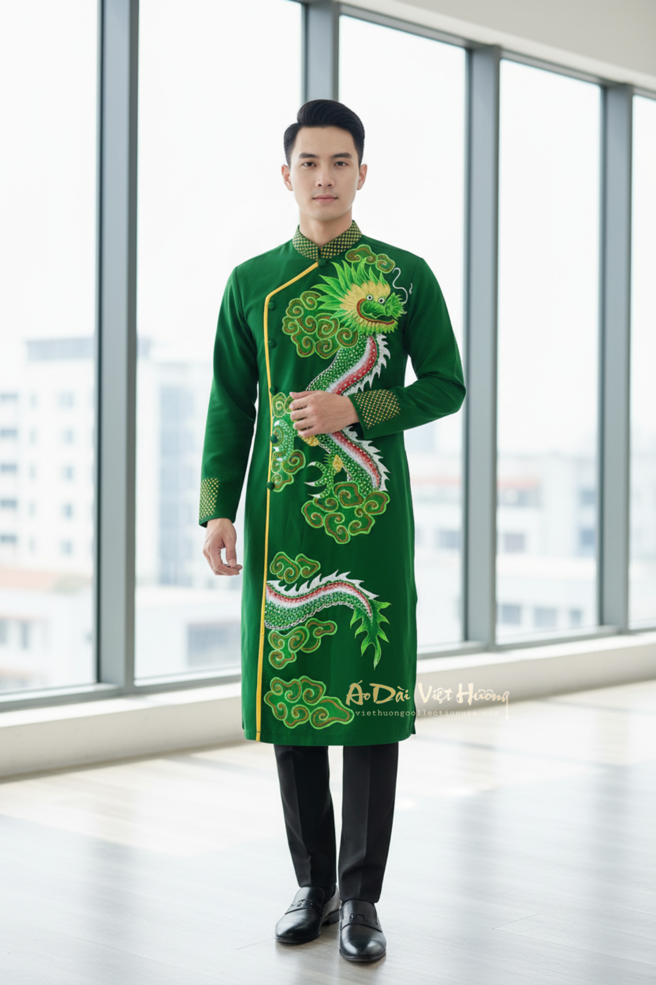 A97 - Men’s Áo Dài Vẽ Tay Green