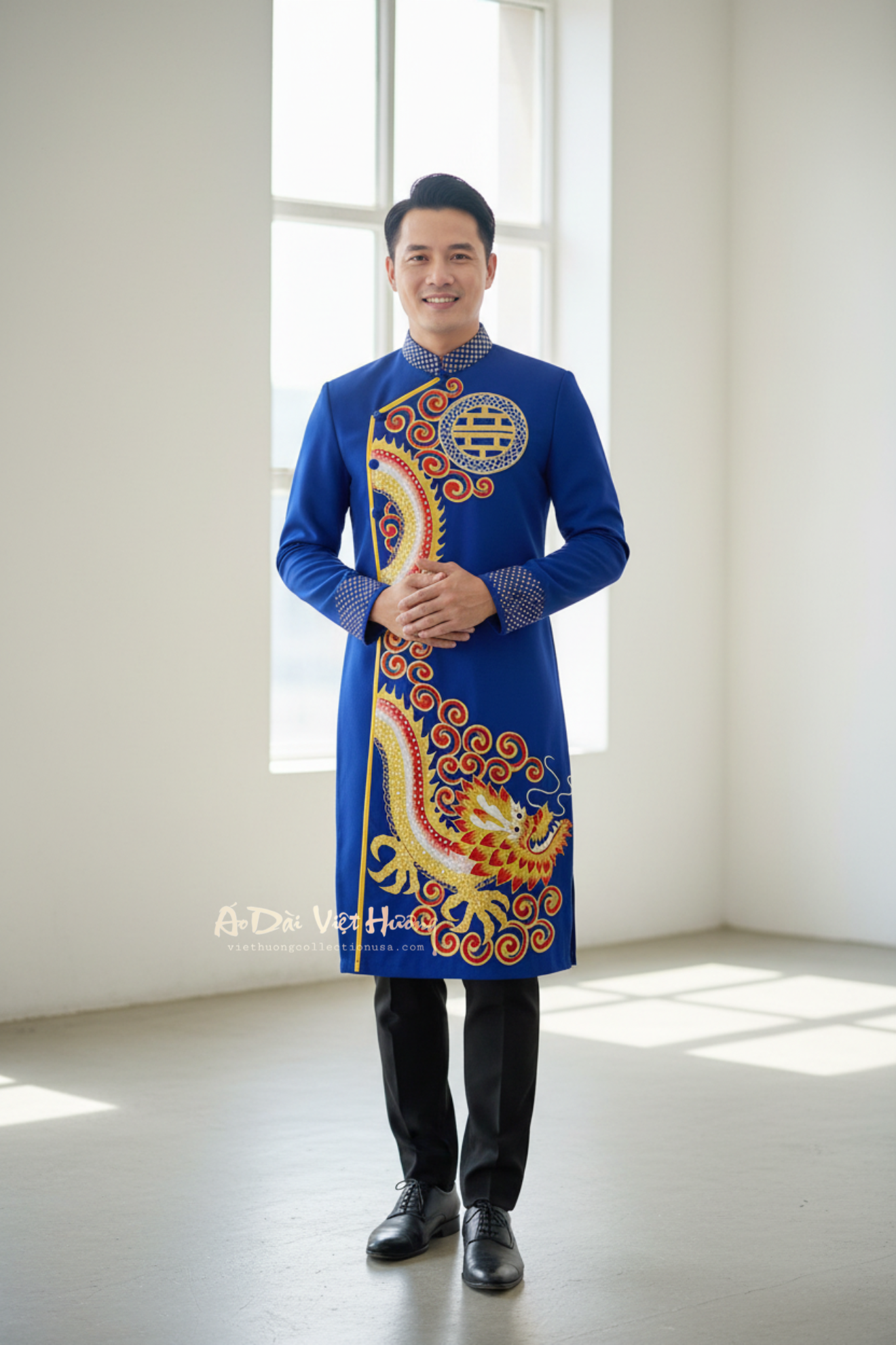A95 - Men’s Áo Dài Vẽ Tay Cobalt Blue