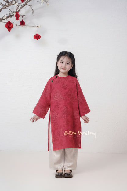 D8 - Girl’s Áo Dài Tơ Mành Vân Mây 4 Tà (kèm quần nhũ trắng)