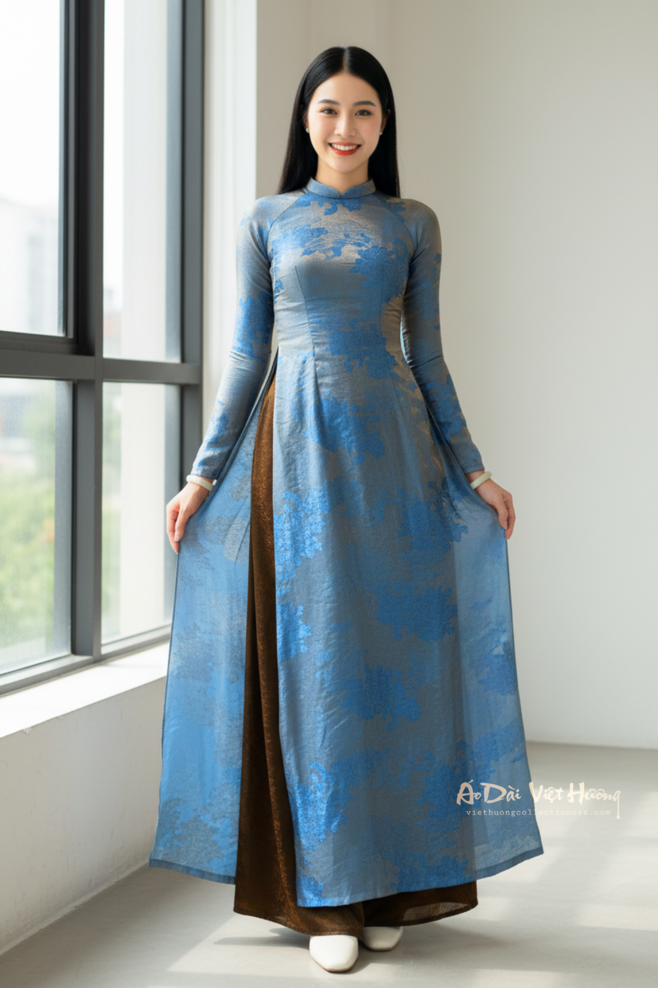 A47 - Áo Dài Tencel 4 Tà Xanh/Nâu | Áo Only