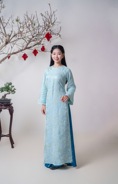 D23 - Set Áo Dài Nữ Gấm phối Ren Blue (kèm quần nhũ)
