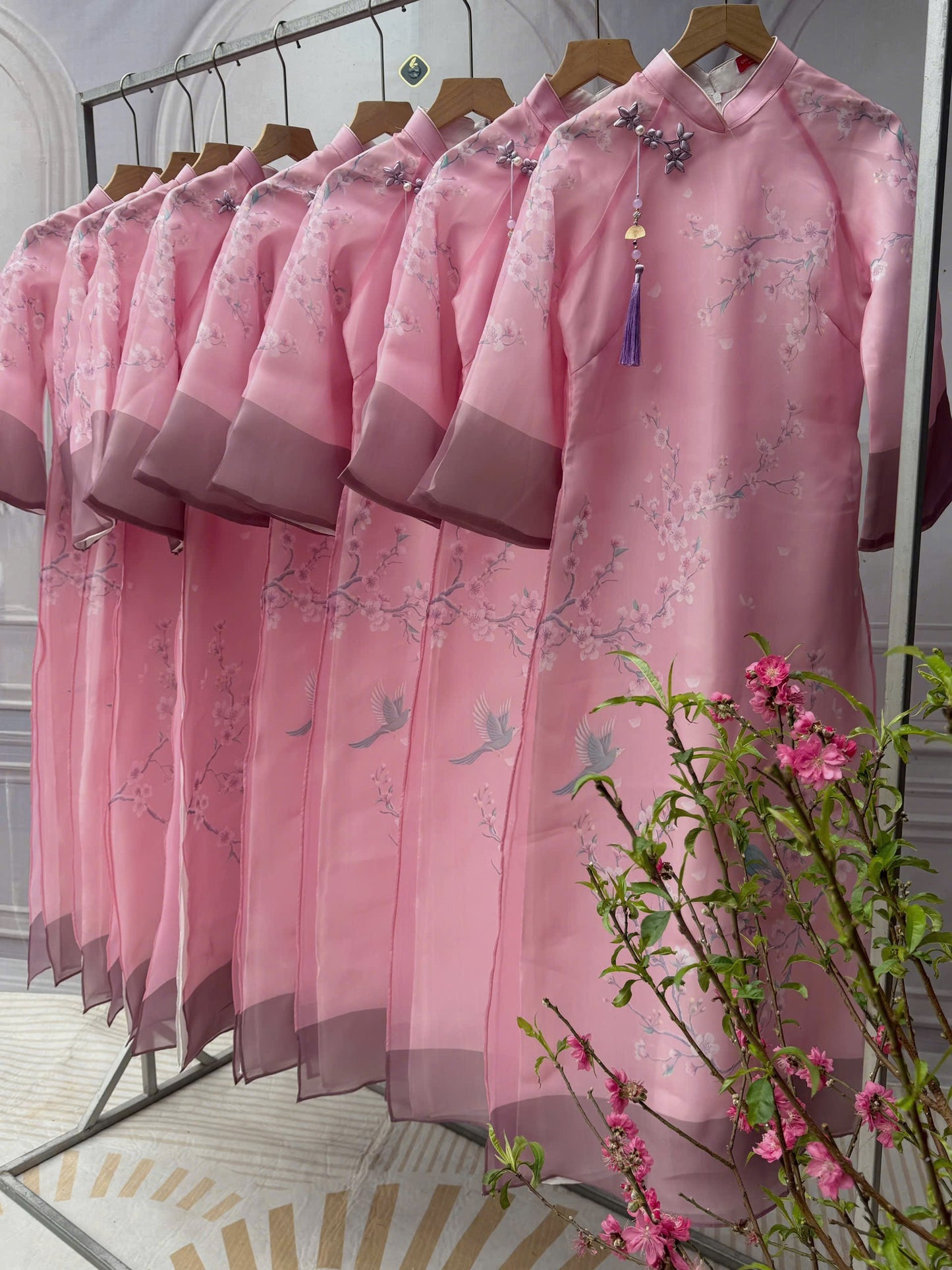 A113 - Set Áo Dài Cách Tân Suông Tơ Organza Tím Hồng (kèm quần nhũ)