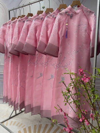 A113 - Set Áo Dài Cách Tân Suông Tơ Organza Tím Hồng (kèm quần nhũ)